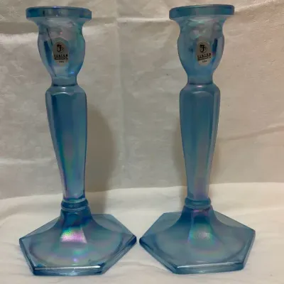 Vintage Fenton Blue Stretch Glass Hexagonal Candle Holders 