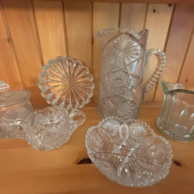 Cut Crystal Pitcher, Small Candy Dish And Glass Serving Pieces