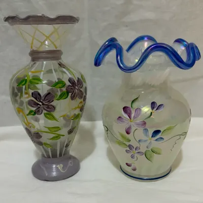Vintage Fenton & Tracy Porter Hand Painted Floral Glass Vase Pair