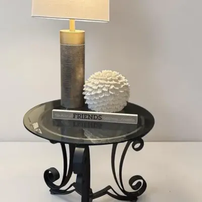 Glass Table with Metal Scroll Base with Lamp & Decor
