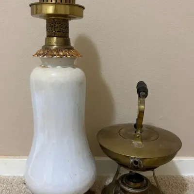 Antique Brass Tea Kettle Burner Stand & Vintage Ceramic Table Lamp