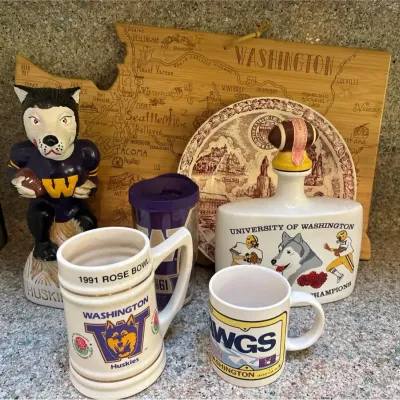 UW Husky McCormick & 1982 Rose Bowl Whiskey Decanter, Washington Cutting Board And Collector Plates