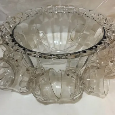 Vintage Clear Glass Punch Bowl Set with 8 Starburst Cups