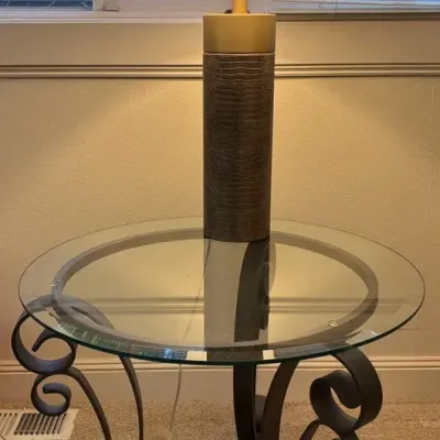 Glass Side Table With Metal Scroll Base And Lamp