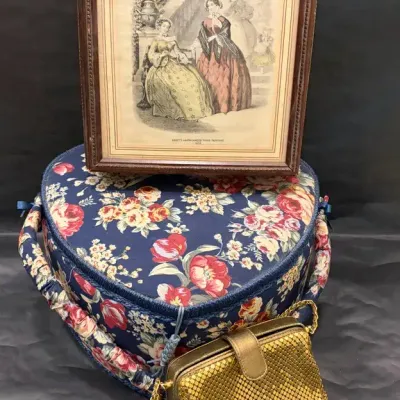 Charming Vintage Collection: Victorian-Style Art, Heart Sewing Box & Gold Mesh Clutch