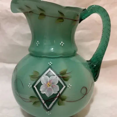 Fenton 75th Jubilee Hand-Painted Green Pitcher - Signed Dan Anderson 