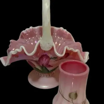Vintage Fenton Pink Carnival Glass Ruffled Basket Bill Fenton Signature