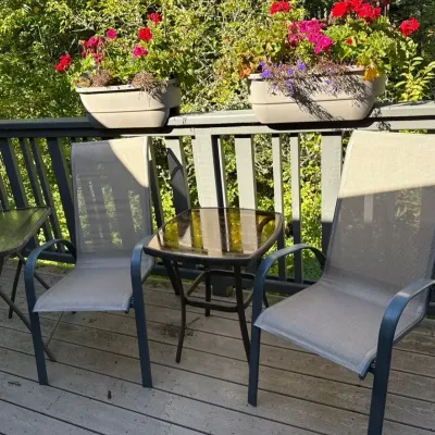 Outdoor Chairs with Two Glass-Topped Side Tables And Plants