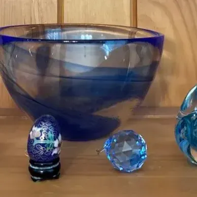 Glass Egg Paperweights, Blue Swirl Bowl And Glass Votives