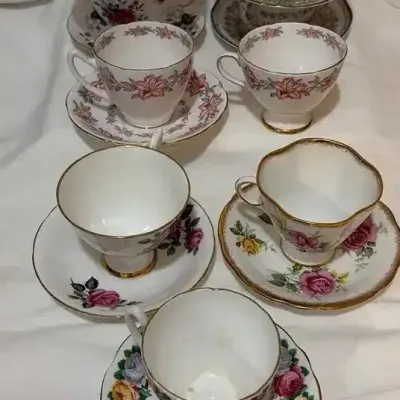 Tea Party Time !! 8 Sets Of Beautiful Hand Painted Tea Cups And Plates Azalea, Clarence & More 