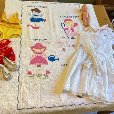 Vintage Children’s Quilt, Clothes And Doll