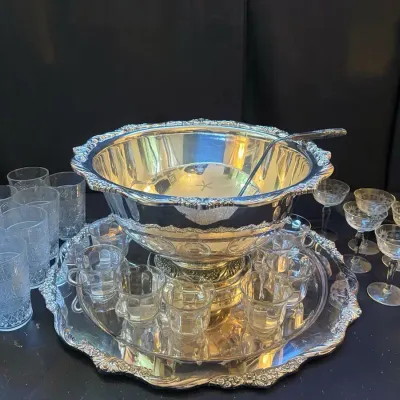 1847 Rogers Bros. Heritage Silverplate Punchbowl, Tray and Glasses