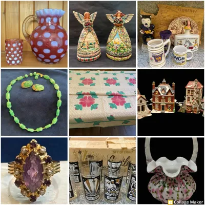 A collage of vintage estate sale items, including Fenton glass, Jim Shore angel figurines, University of Washington memorabilia, costume...