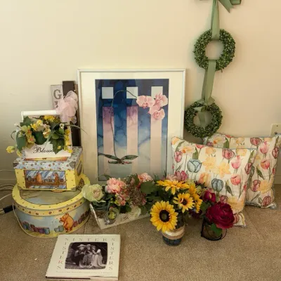 Vintage Home Decor Lot: Donald R Ewen Orchid Print Signed, Pooh Nesting Boxes, Floral Decor