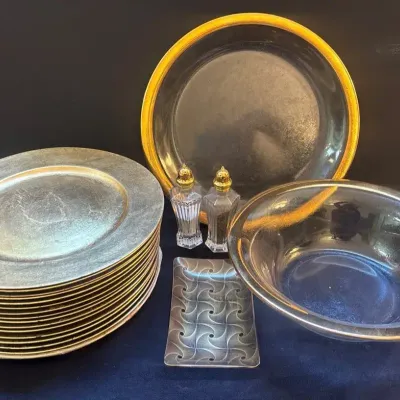 Gold Chargers, Glass & Gold Rim Serving Plate & Bowl, Salt and Pepper Shakes