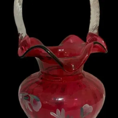 Fenton 95th Anniversary Legacy Collection Ruby Cranberry Glass Basket Hand-Painted Signed
