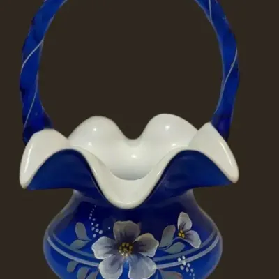 Fenton Cobalt Blue Cased Glass Basket Legacy Collection Signed T Gaskins