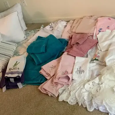 Mega Home Essentials - Bath Towels, Bed Sheets, Pillows, Hangers, Vintage Embroidered Linens & More