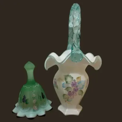 Hand-Signed Fenton Glass Bell & Twisted Handle Basket