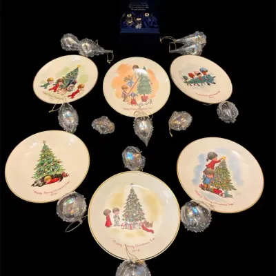 Vintage Gorham Moppets Christmas Plates 1973-1978 & Glass Iridescent Ornaments