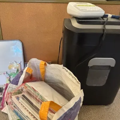 Royal Paper Shredder, Label Maker, Mystery Bag of Greeting Cards, Cork Board