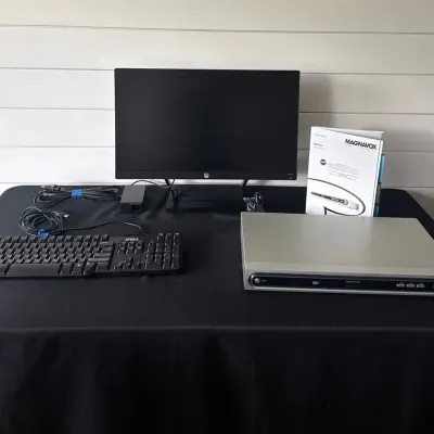 HP Monitor, Dell Keyboard, Magnavox DVD Player