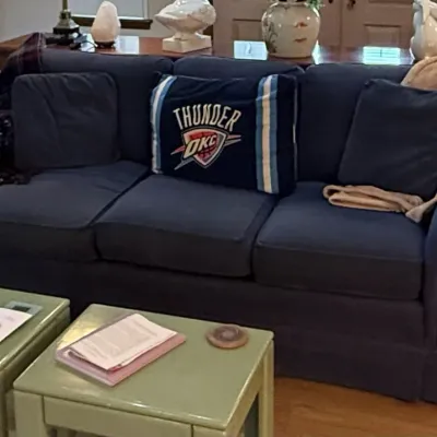 Sale Photo Thumbnail #2: Dark Blue Sofa - chenille fabric & end pillows, good condition, $200 OBO
