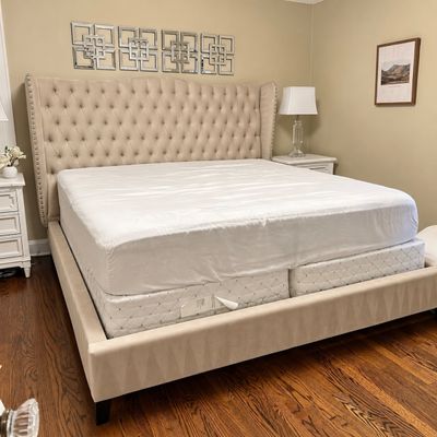 Sale Photo Thumbnail #86: Z Gallerie Contemporary king-size tufted wingback upholstered bed frame with nailhead trim, complete with dual box springs and a mattress set.