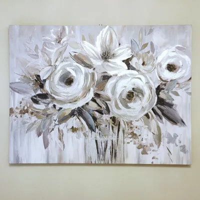 Sale Photo Thumbnail #78: Contemporary unframed floral canvas painting featuring white and neutral-toned roses with glitter accents.