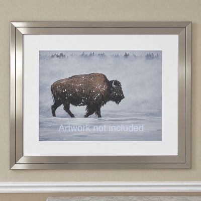 Sale Photo Thumbnail #10: Large contemporary silver-toned metallic picture frame with white matting, displayed on a wall.