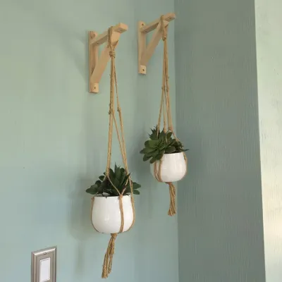 Sale Photo Thumbnail #32: Pair of macrame plant hangers suspended from natural wood wall brackets, holding small white ceramic pots with artificial succulents.