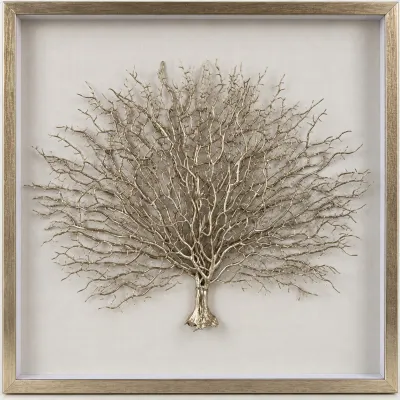 Sale Photo Thumbnail #55: Contemporary framed shadowbox wall art featuring a champagne gold metallic tree or coral sculpture mounted on an off-white fabric backing.