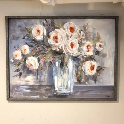 Sale Photo Thumbnail #51: Large contemporary impressionist-style floral canvas print featuring white roses in a clear glass jar, housed in a distressed gray frame.