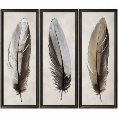 Sale Photo Thumbnail #23: Three-piece framed feather wall art triptych featuring neutral beige, grey, and black tones in dark wooden frames.