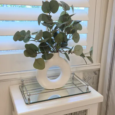 Sale Photo Thumbnail #73: Modern white ceramic donut vase filled with faux eucalyptus stems, displayed on a chrome-framed mirrored vanity tray.