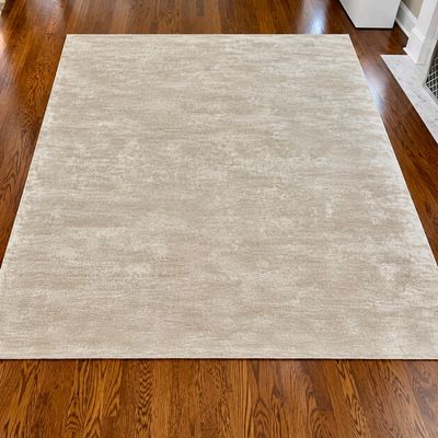 Sale Photo Thumbnail #5: Large neutral beige contemporary area rug with a subtle textured pile, laid out on hardwood flooring.