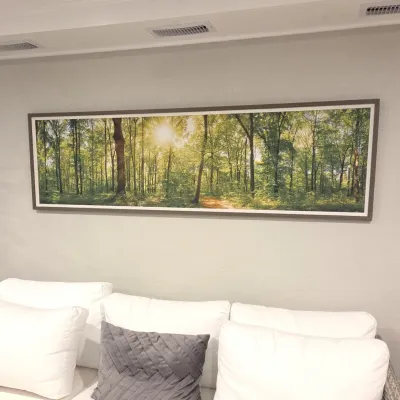 Sale Photo Thumbnail #46: Large panoramic framed print depicting a sunlit forest trail, mounted above a couch with white cushions.