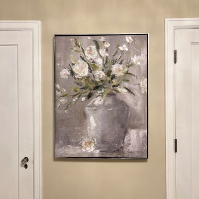 Sale Photo Thumbnail #87: Large contemporary impasto oil canvas artwork depicting white flowers in a grey vase, framed in a thin silver frame.