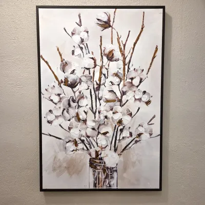 Sale Photo Thumbnail #45: Modern framed canvas painting depicting cotton bolls in a glass jar, featuring textured impasto brushwork and a slim black frame.