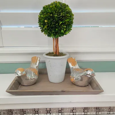 Sale Photo Thumbnail #26: Decorative table set featuring a preserved boxwood topiaries in a white potted urn and a pair of metallic silver bird figurines on a wooden tray.