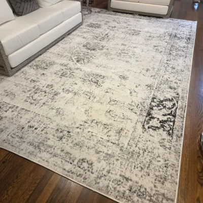 Sale Photo Thumbnail #58: Large contemporary area rug featuring a distressed traditional motif in neutral ivory and charcoal tones, laid over hardwood flooring.