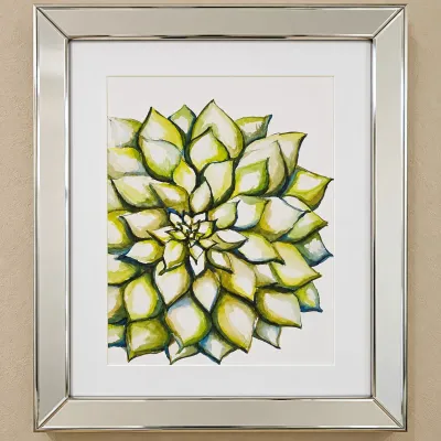 Sale Photo Thumbnail #83: Botanical succulent watercolor art print, professionally matted and presented in a contemporary bevel-mirrored silver frame.