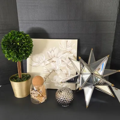 Sale Photo Thumbnail #123: Collection of contemporary home decor items, including a faux topiary tree, a floral canvas painting, a decorative mirrored star sculpture, a silver mercury glass sphere, and a glass jar with matches.