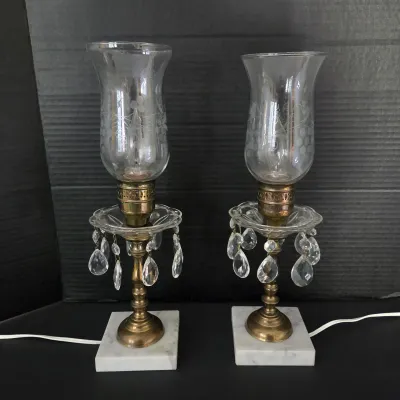Sale Photo Thumbnail #120: Pair of vintage brass and marble hurricane lamps featuring etched glass shades and hanging crystal prisms.