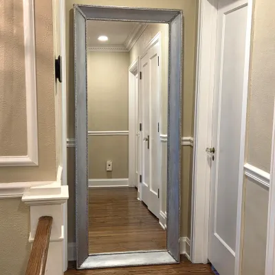 Sale Photo Thumbnail #72: Large full-length floor mirror featuring a distressed silver-painted frame with beaded trim.