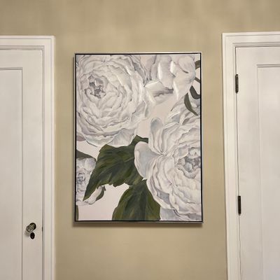 Sale Photo Thumbnail #90: Large contemporary canvas painting of white floral blooms with thick impasto texture, framed in a thin silver metallic floating frame.
