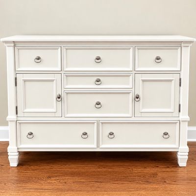 Sale Photo Thumbnail #131: white traditional style dresser or buffet featuring multiple drawers, side cabinet doors, and dark metal ring pull hardware.