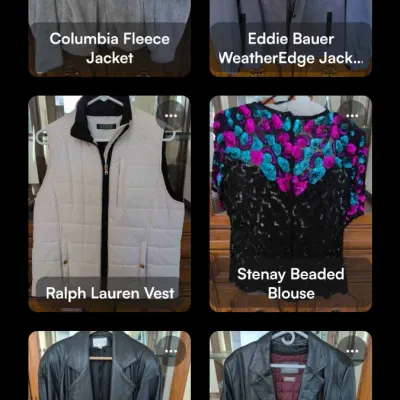 Sale Photo Thumbnail #10: Columbia fleece Jacket
Eddie Bauer WeatherEdge jacket
Ralph Lauren vest
Stenay Beaded Blouse
Leather Trench Coat
Wilsons Leather Coat