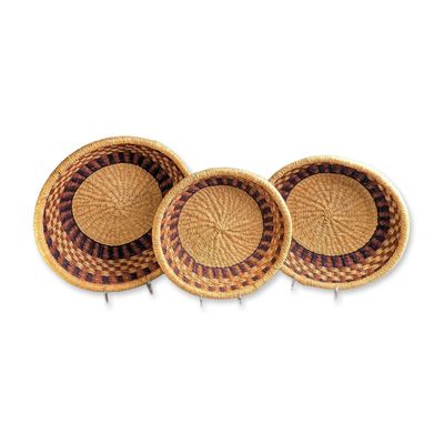 3pc South Carolina Gullah Coiled Sweetgrass Basketry Round Trays