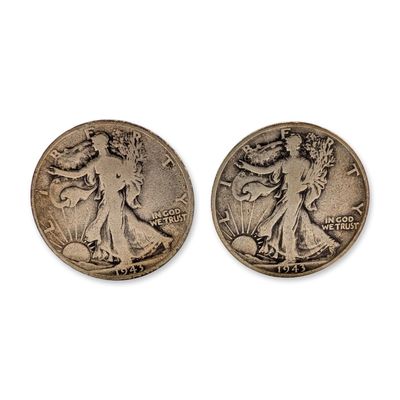 2pc 1943, 1943-D US Walking Liberty Silver Half Dollar Coins, Circulated